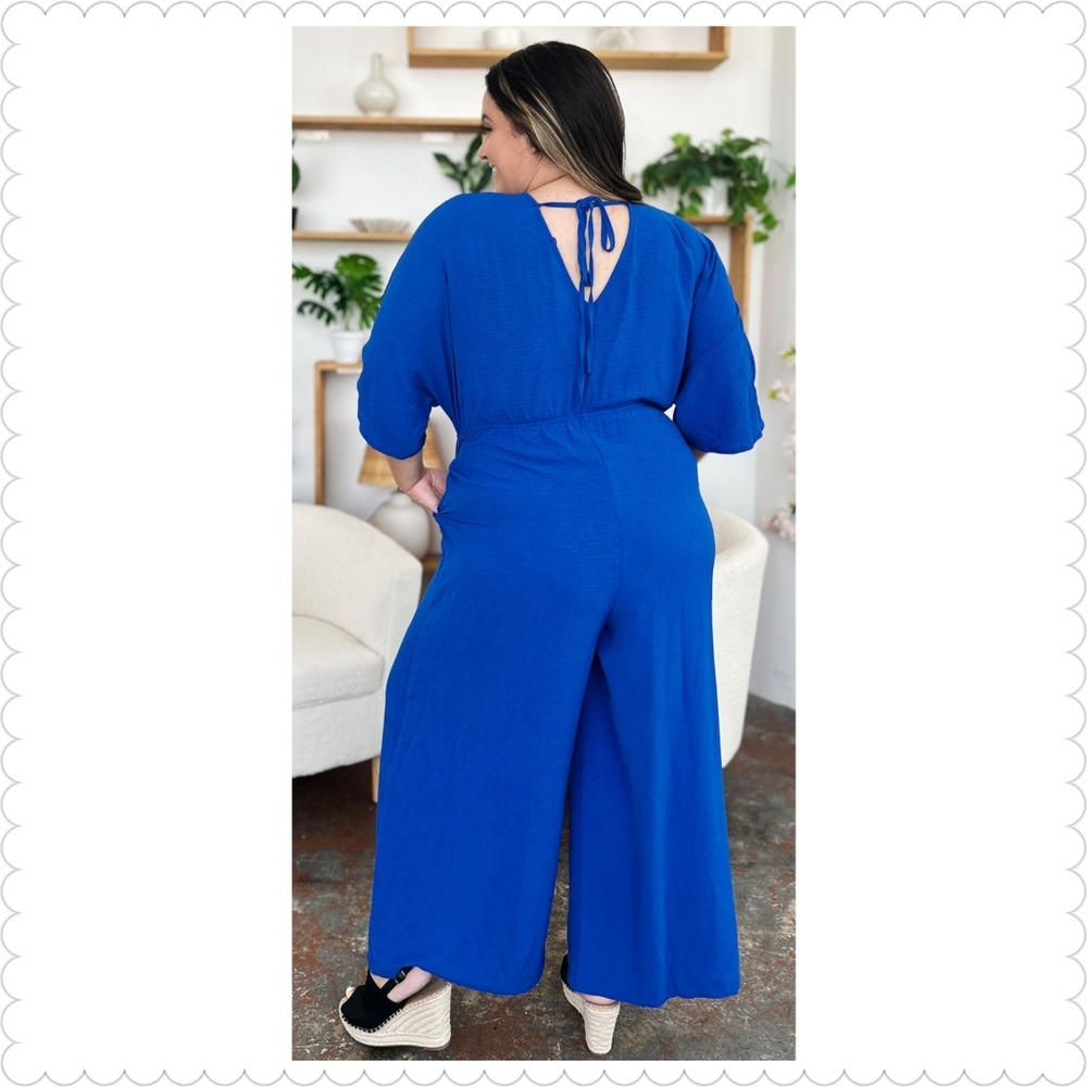 Blue Wide-Leg Surplice Jumpsuit - Picture 12 of 15